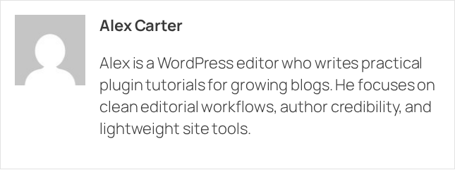 Author Box WP Lens sandbox screenshot showing a minimal author box with avatar, name, and bio
