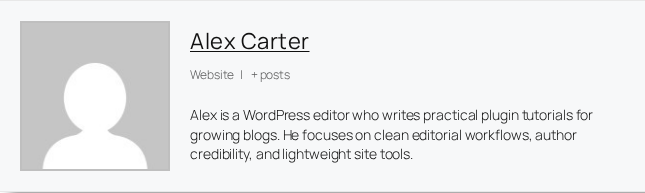 Molongui Authorship sandbox screenshot showing an author box with avatar, author name, links, and bio