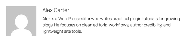 Simple Author Box sandbox screenshot showing an author bio box with avatar and description