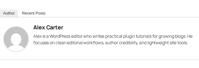 Starbox sandbox screenshot showing a tabbed author box with avatar and author bio
