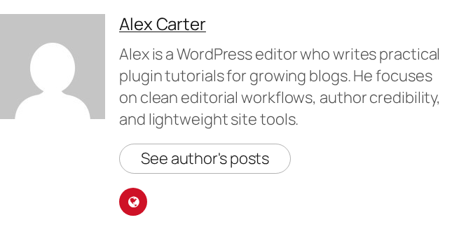 WP Post Author sandbox screenshot showing an author box with avatar, bio, and author posts button