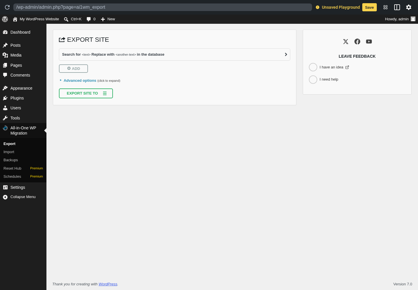 All-in-One WP Migration Export screen with destination options
