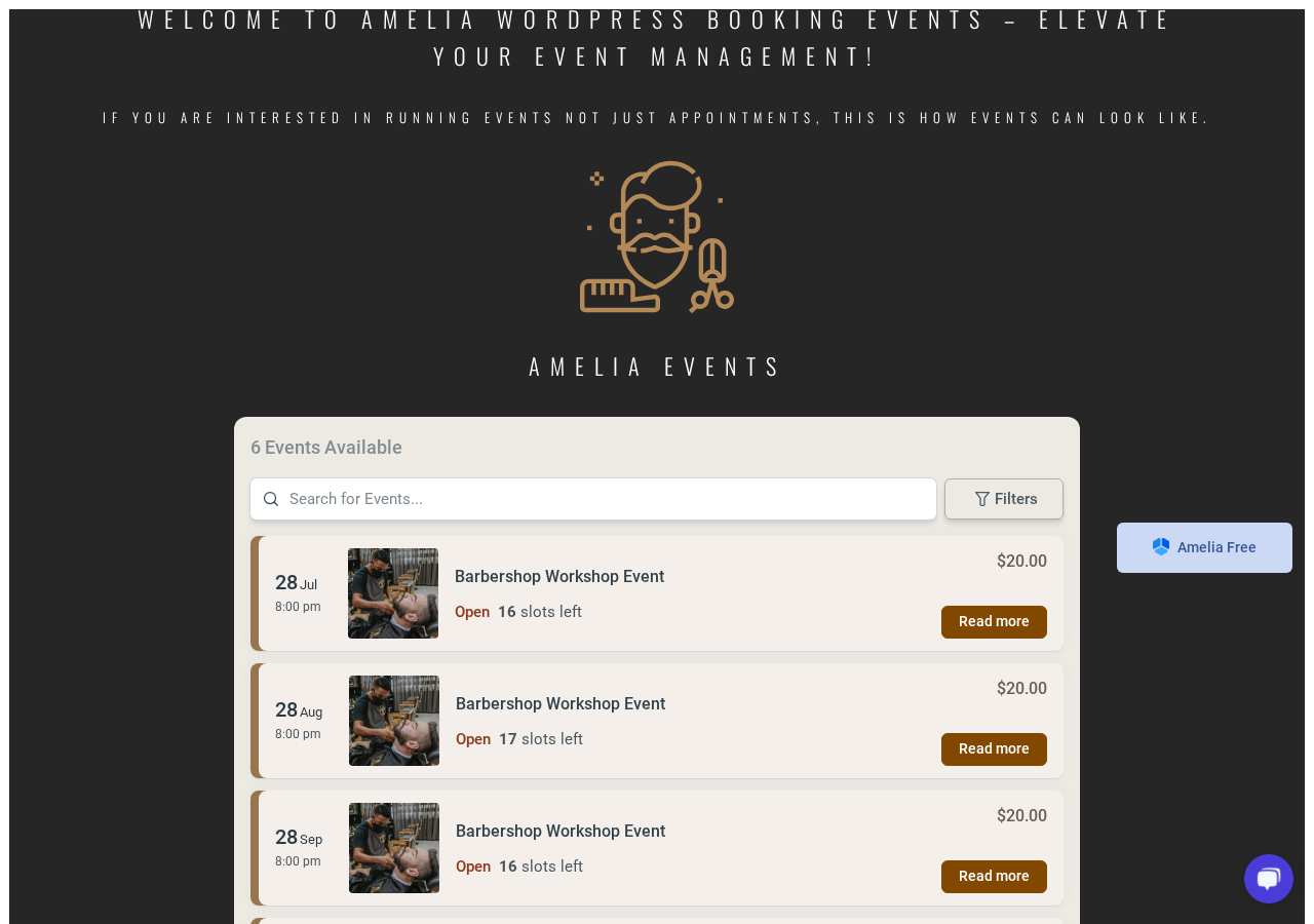 Amelia events demo page showing the 