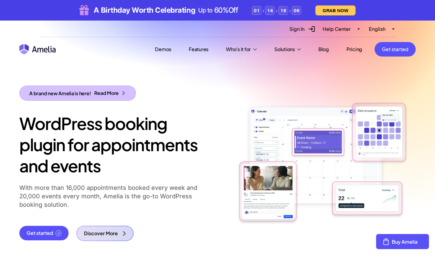 Amelia homepage showing the headline 