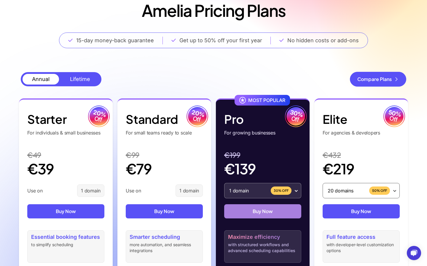 Amelia pricing plans page showing the 