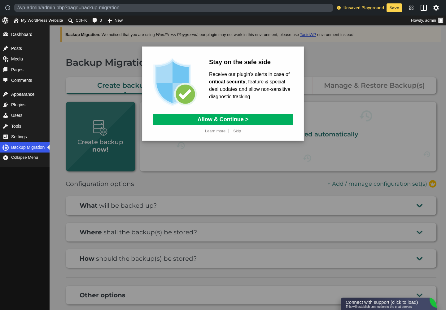 Backup Migration plugin dashboard in a clean WordPress sandbox