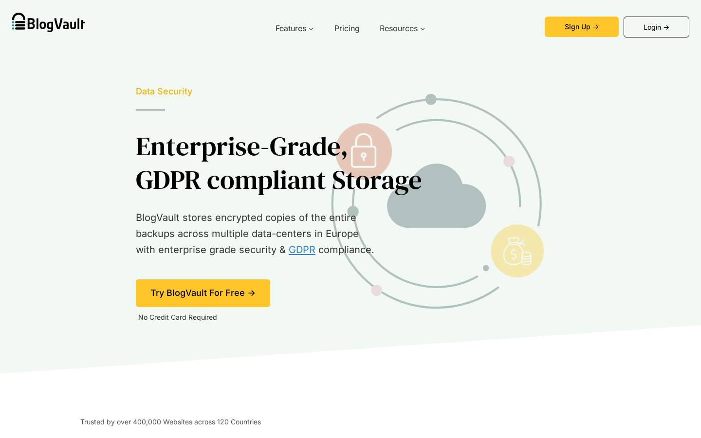 BlogVault Data Security feature page showing the Enterprise-Grade, GDPR compliant Storage headline, the BlogVault stores encrypted copies of the entire backups across multiple data-centers in Europe with enterprise grade security and GDPR compliance description, a Try BlogVault For Free call to action, and a circular cloud and lock motif on a light background.