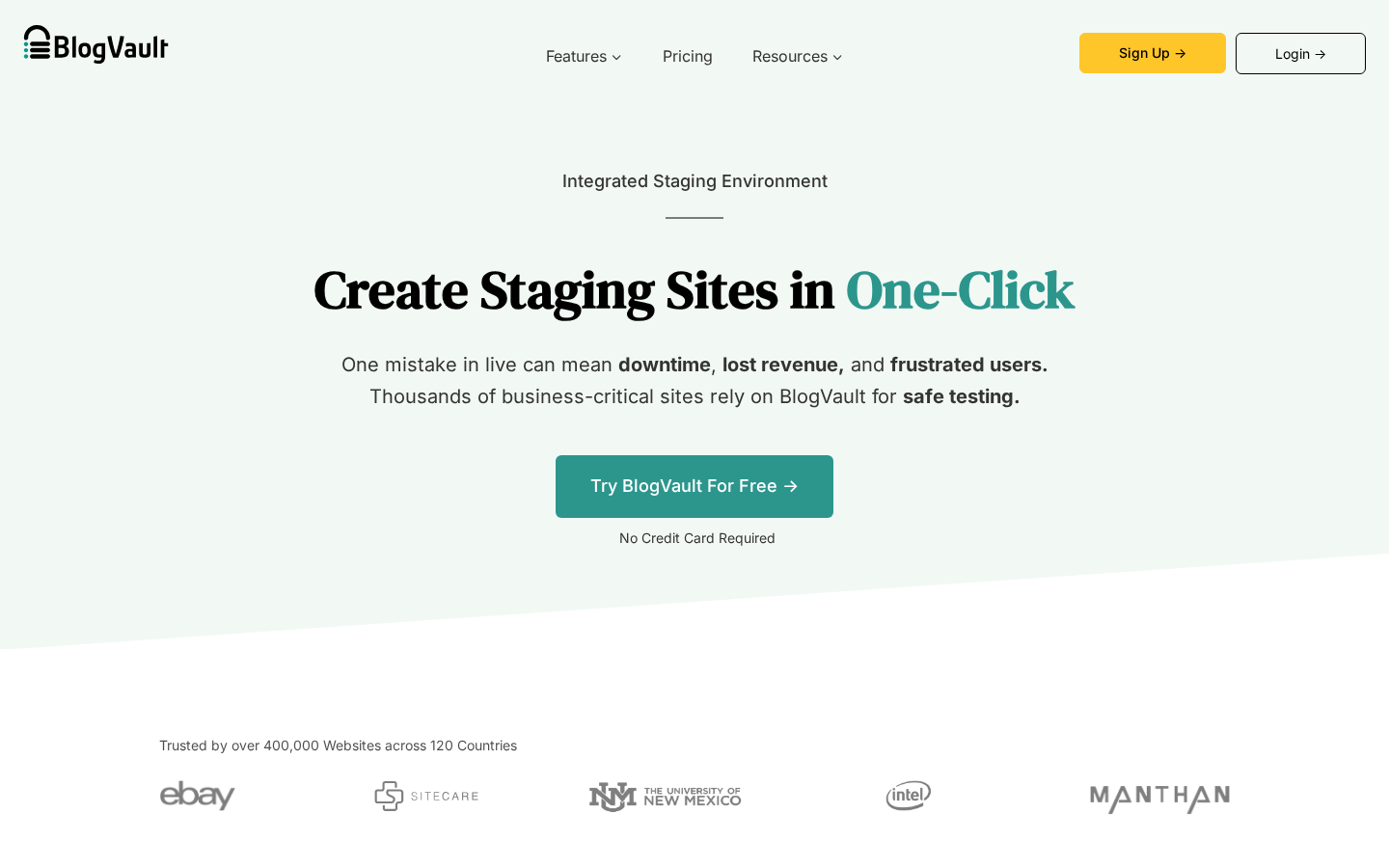 BlogVault Integrated Staging Environment page showing the Create Staging Sites in One-Click headline, the One mistake in live can mean downtime, lost revenue, and frustrated users subheading, a Try BlogVault For Free call to action, and the Trusted by over 400,000 Websites across 120 Countries strip with ebay, SiteCare, University of New Mexico, Intel, and Manthan logos.