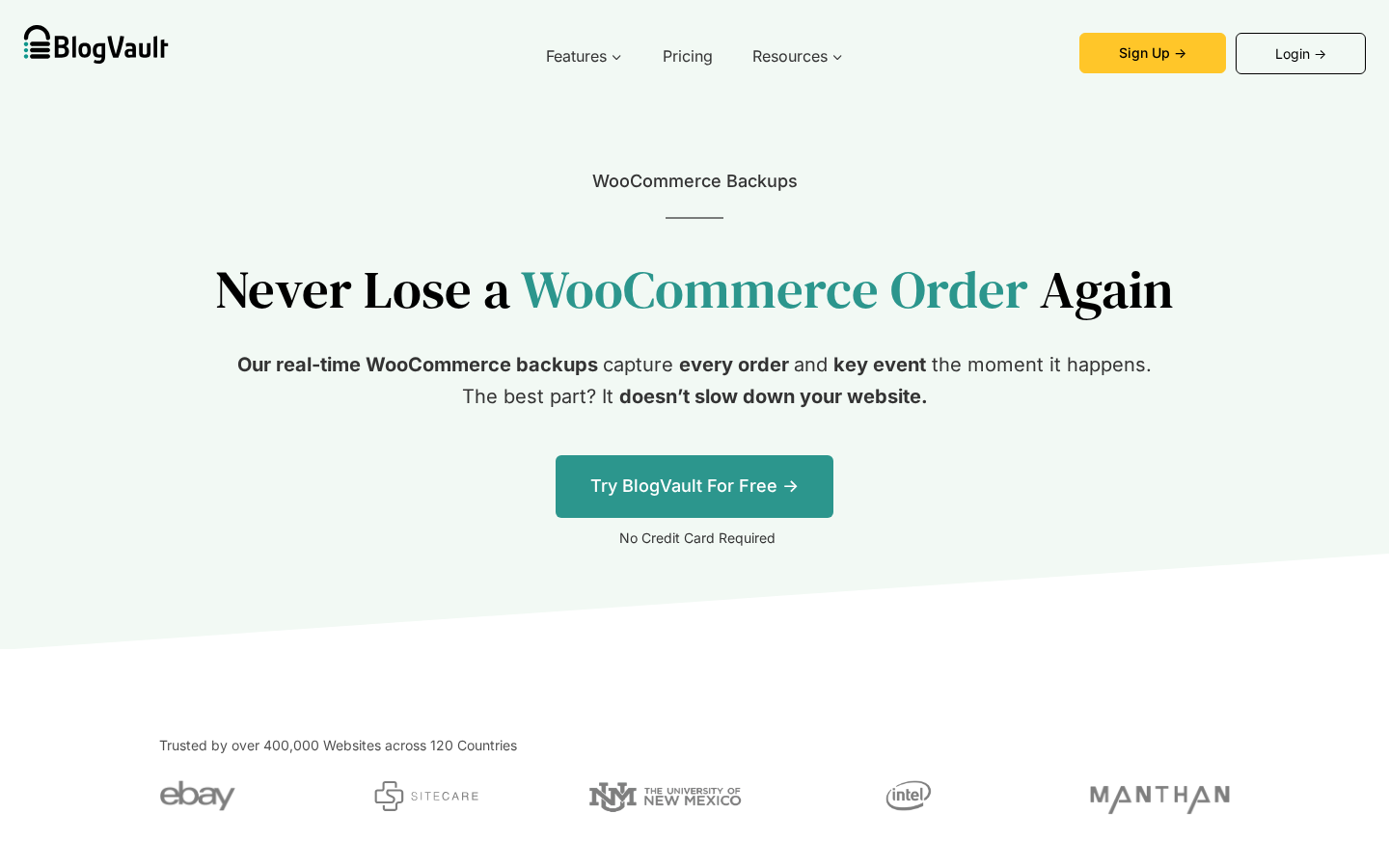 BlogVault Real-time WooCommerce Backups feature page showing the Never Lose a WooCommerce Order Again headline, the Our real-time WooCommerce backups capture every order and key event the moment it happens subheading with the doesn't slow down your website claim, a Try BlogVault For Free call to action, and the Trusted by over 400,000 Websites across 120 Countries strip.
