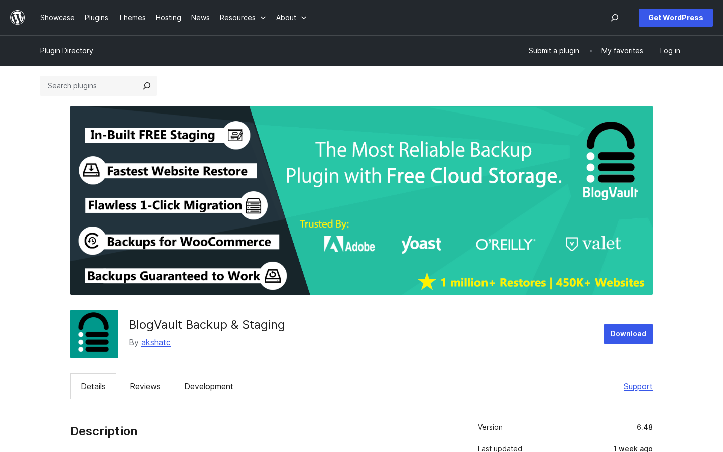 BlogVault Backup and Staging WordPress.org plugin listing page showing the In-Built FREE Staging, Fastest Website Restore, Flawless 1-Click Migration, Backups for WooCommerce, and Backups Guaranteed to Work feature badges, the 1 million+ Restores and 450K+ Websites callouts, plus the plugin Details panel with Download button and Version 6.48 metadata.
