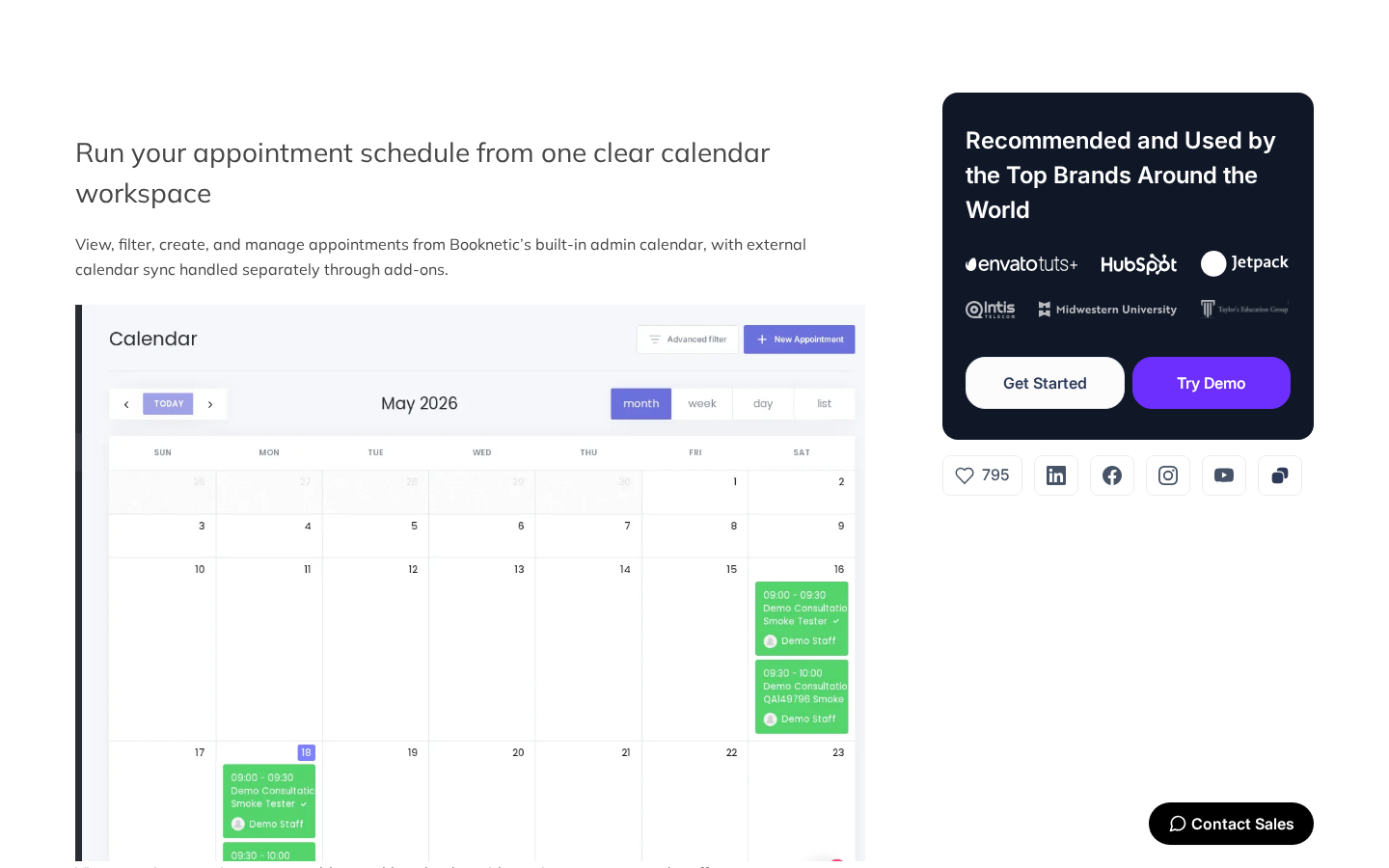 Booknetic admin Calendar in monthly view showing appointment cards on the days they will run, an Advanced Filter button, a New Appointment button, the May 2026 header, and toggles for month, week, day, and list views.