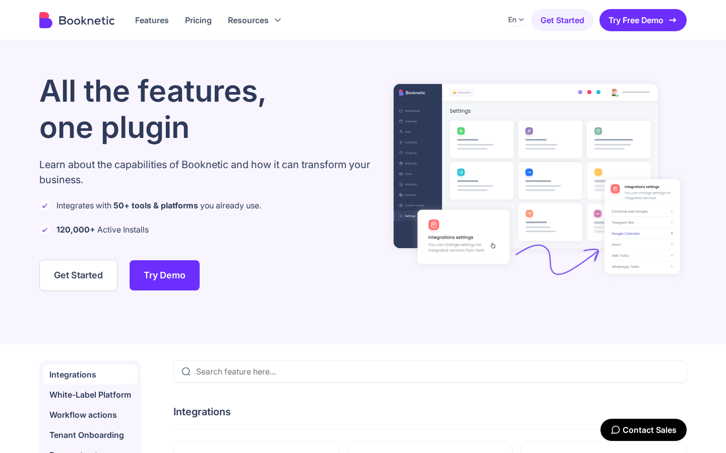 Booknetic Features page showing the All the features, one plugin headline, the 50+ tools and platforms claim, the 120,000+ Active Installs counter, a dashboard illustration with the Settings panel and Integrations settings overlay, and the left-side category list listing Integrations, White-Label Platform, Workflow actions, and Tenant Onboarding.