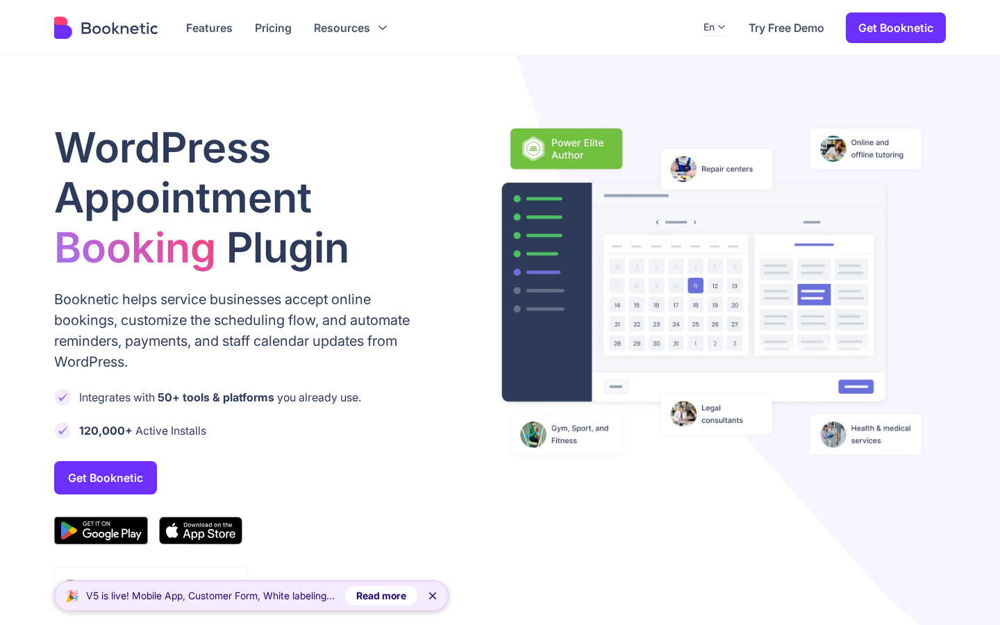 Booknetic homepage showing the WordPress Appointment Booking Plugin tagline, the 50+ tools and platforms claim, 120,000+ active installs counter, the V5 announcement banner, and the booking dashboard illustration with industry icons for repair, tutoring, legal, gym, and medical services.