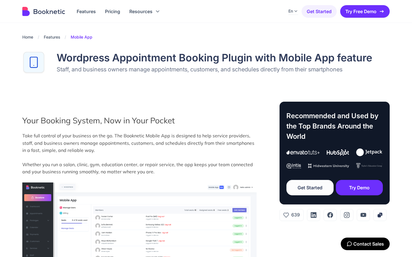 Booknetic Mobile App feature page showing the headline WordPress Appointment Booking Plugin with Mobile App feature, a phone mockup tagged Mobile App, the in-WordPress Manage Users seat panel with five seats and an Add members button.