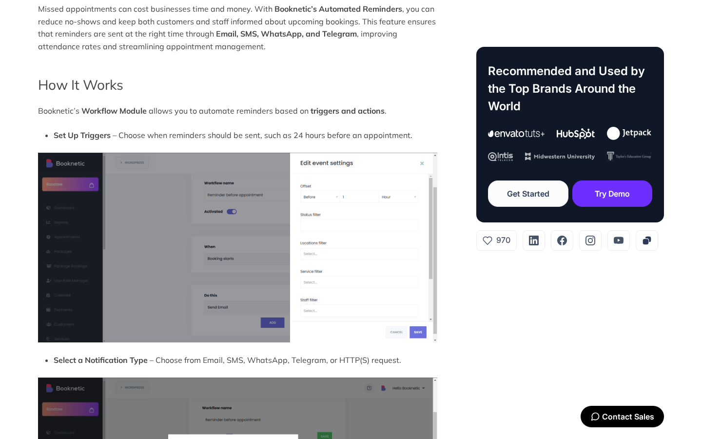 Booknetic Reminders configuration showing the Workflow Module with a Workflow name field, a Before/Hour offset, status, location, and staff filters, and a Notification type selector listing Email, SMS, WhatsApp, Telegram, and HTTP(S) request options.