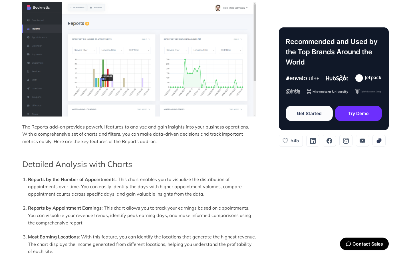 Booknetic Reports module showing the dual-chart Reporting panel inside wp-admin, with an Appointments bar chart and an Earnings line chart, plus a Detailed Analysis with Charts section listing Reports by the Number of Appointments, Reports by Appointment Earnings, and Most Earning Locations.