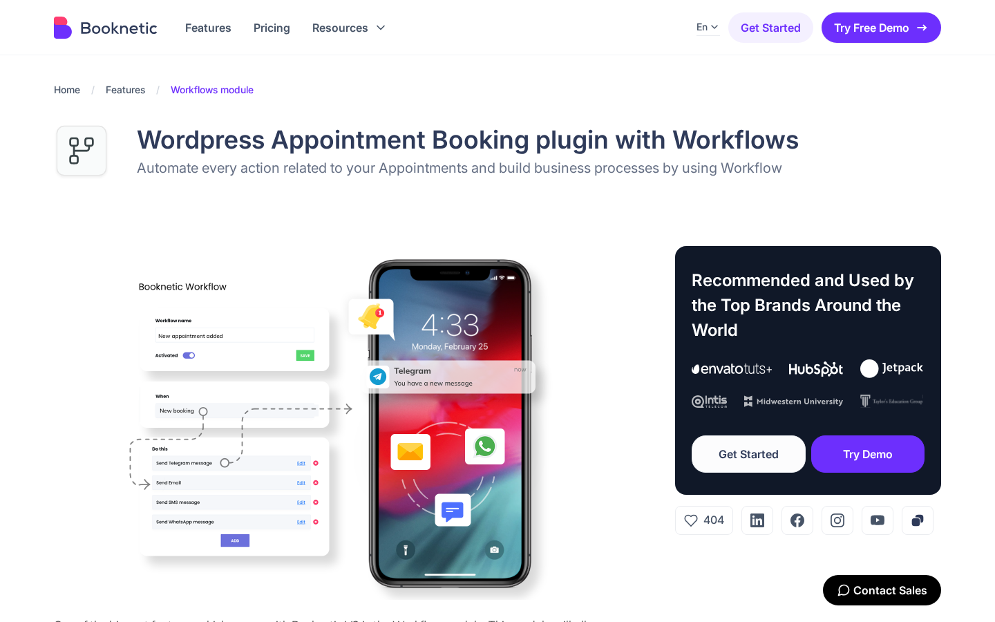 Booknetic Workflow Module screen showing a Workflow named New appointment added with an Activated toggle, a When section set to New Booking, and a Do this list of Send Telegram message, Send Email, Send SMS message, and Send WhatsApp message actions, alongside a phone illustration receiving a Telegram notification.