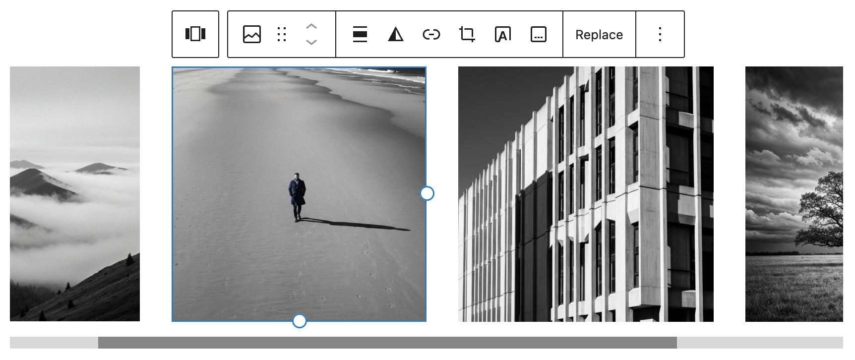 Carousel Slider Block editor view showing a three-image horizontal carousel with block toolbar controls