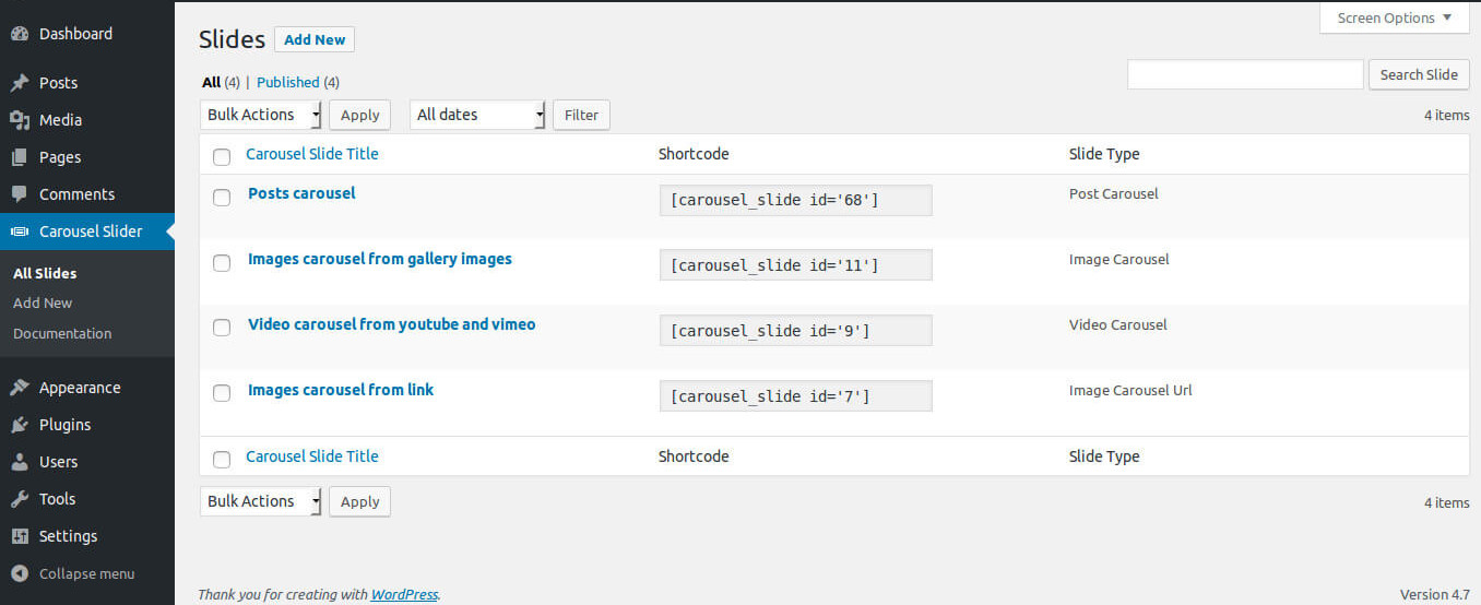 Carousel Slider admin Slides list showing four carousels with Post, Image, Video, and Image URL slide types