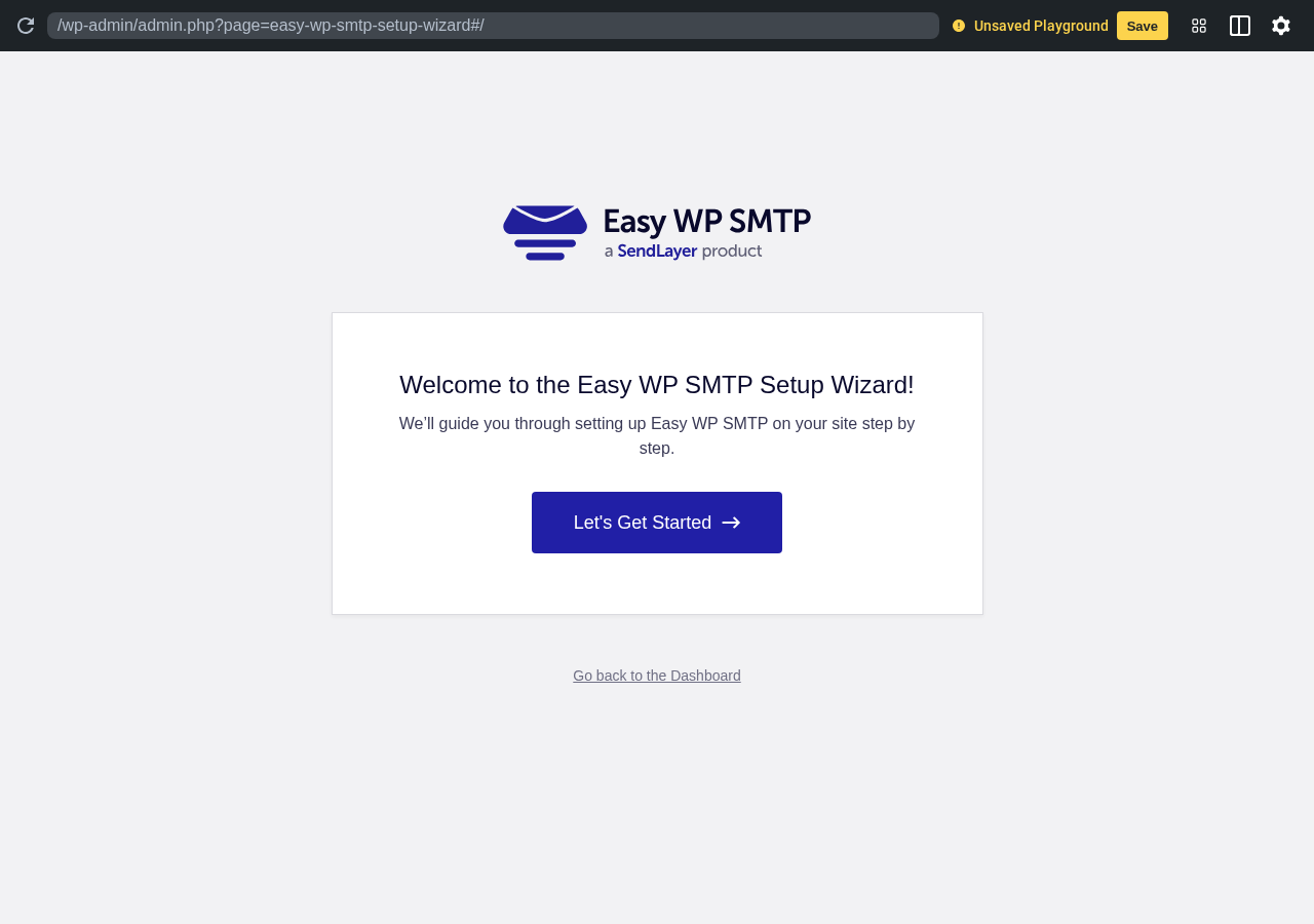 Easy WP SMTP setup wizard welcome screen in a clean WordPress sandbox