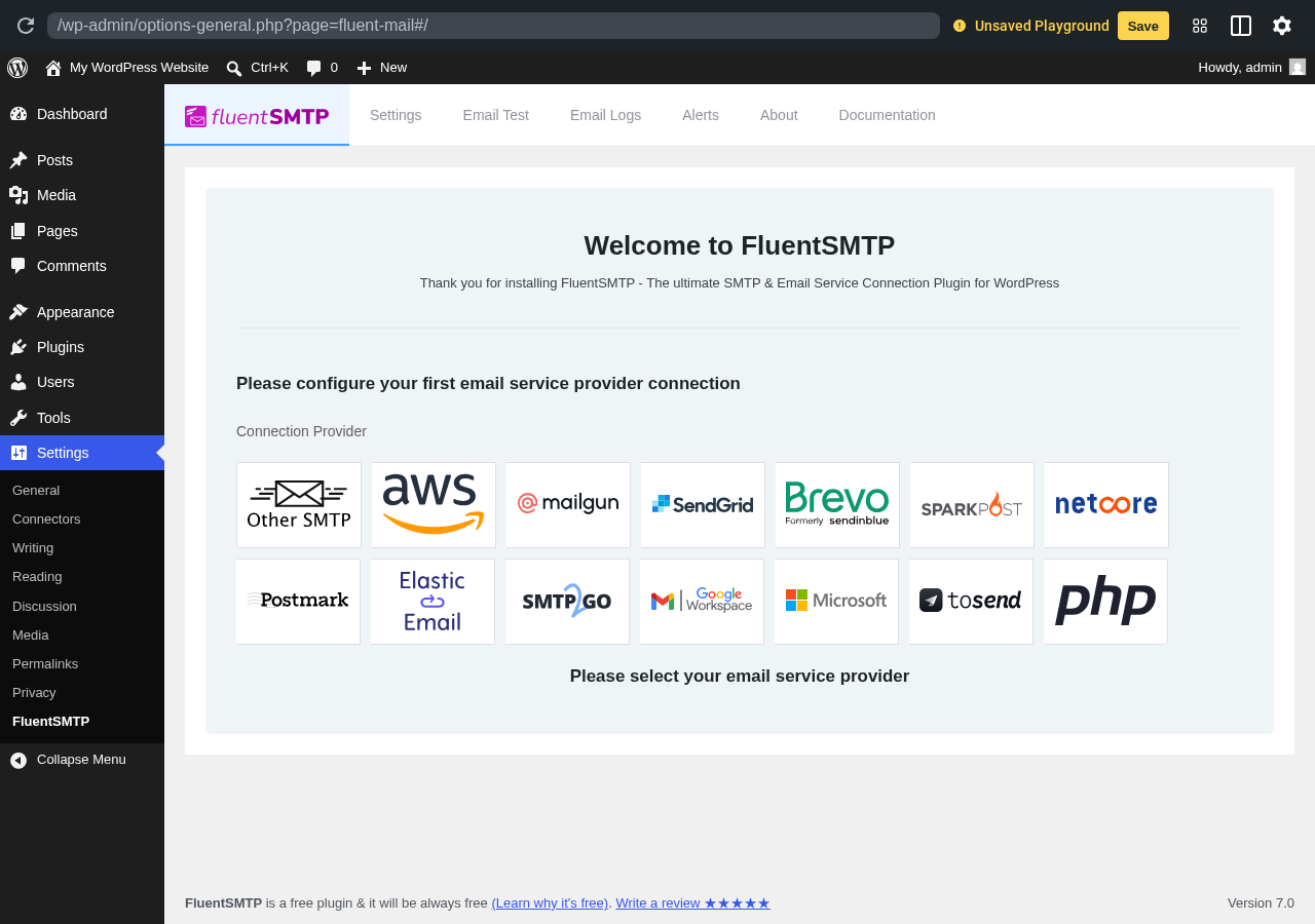 FluentSMTP welcome and provider selection screen in a clean WordPress sandbox