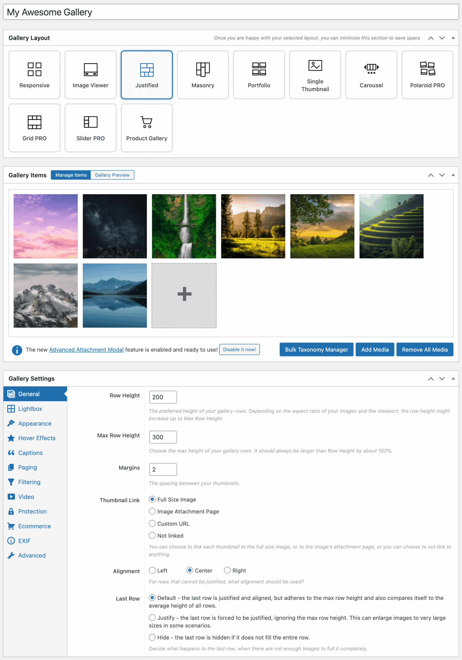 FooGallery gallery edit page showing the layout selector with carousel and other gallery layout options