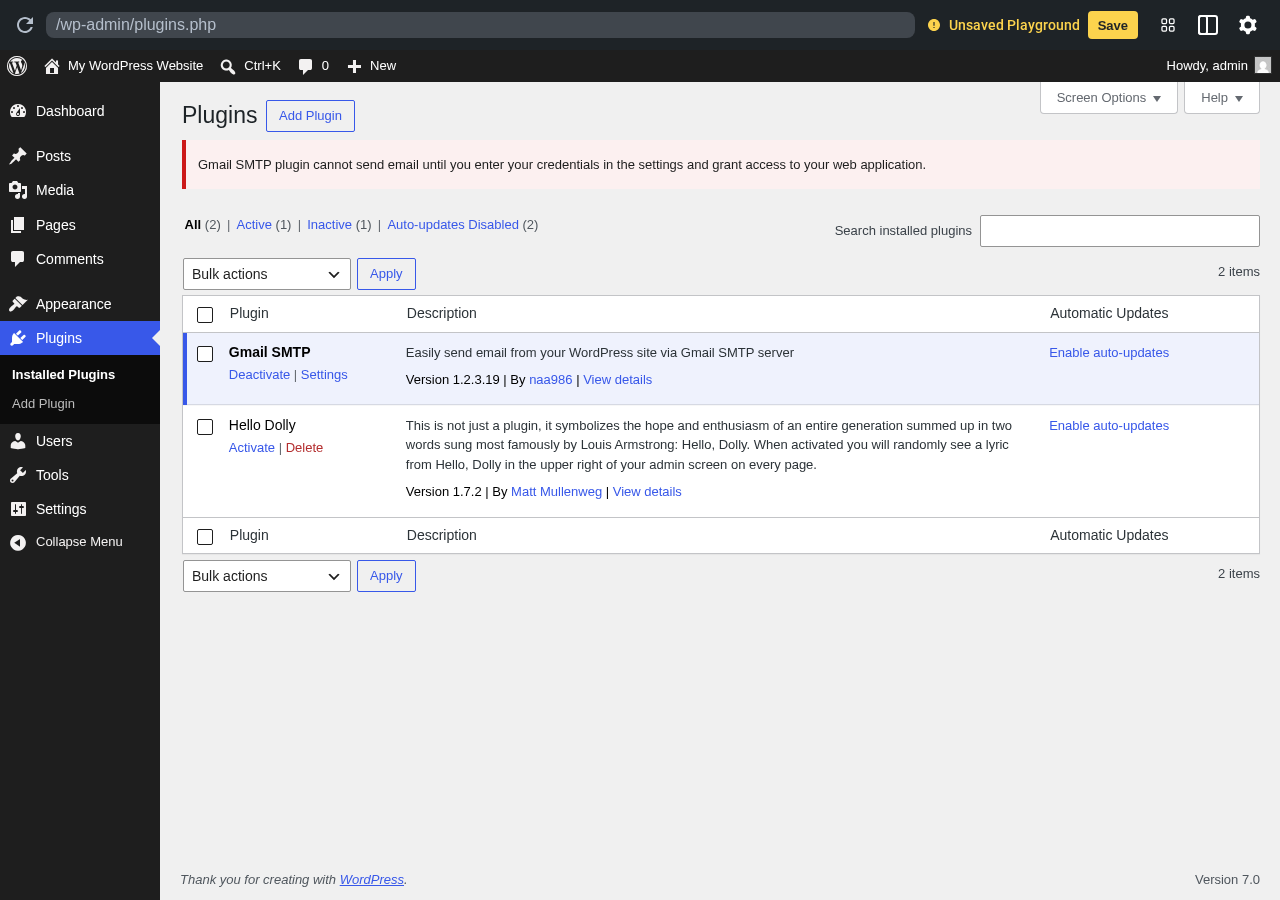 Gmail SMTP by naa986 active in a clean WordPress sandbox showing the credentials notice
