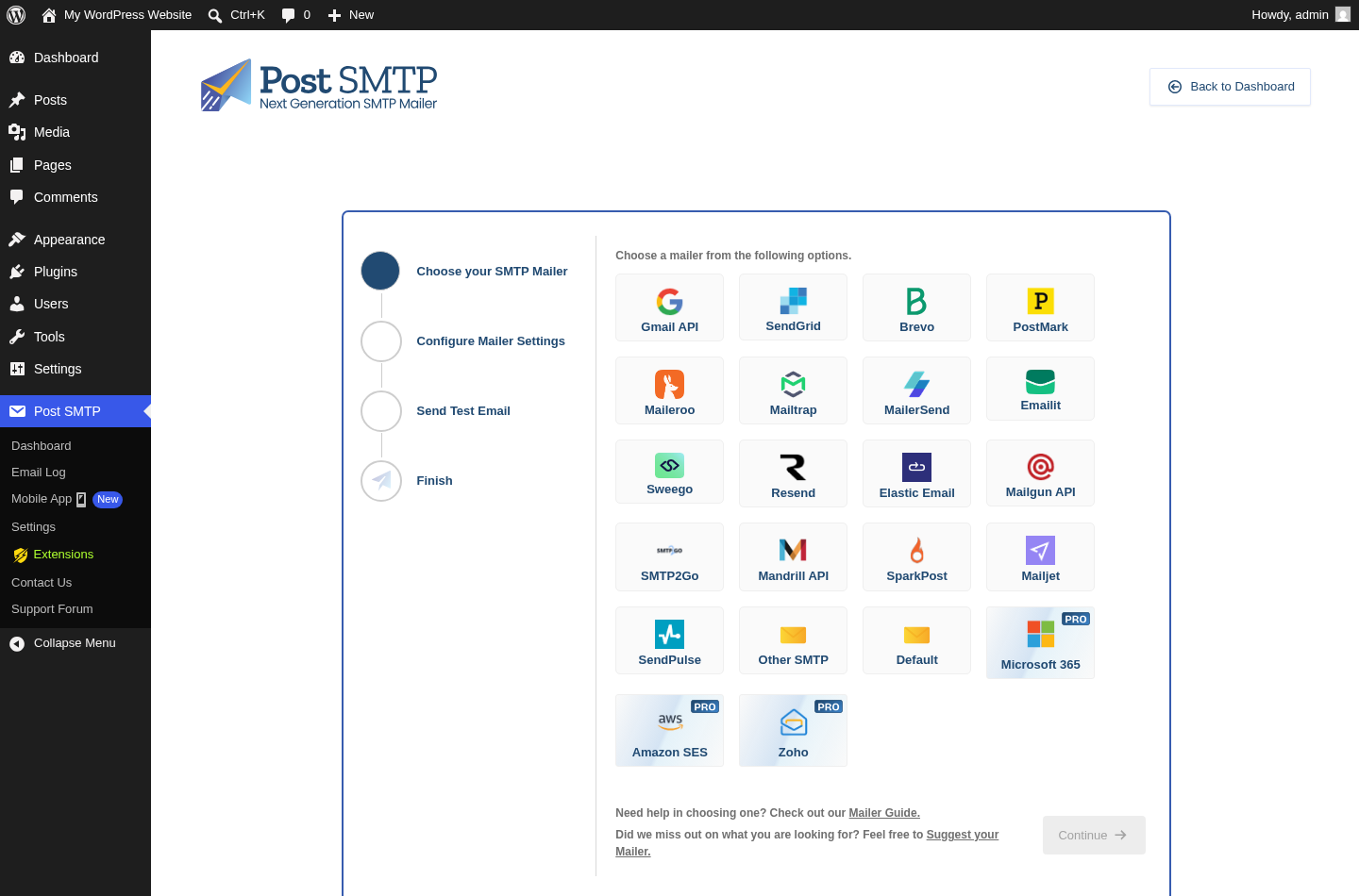 Post SMTP configuration wizard showing connection options