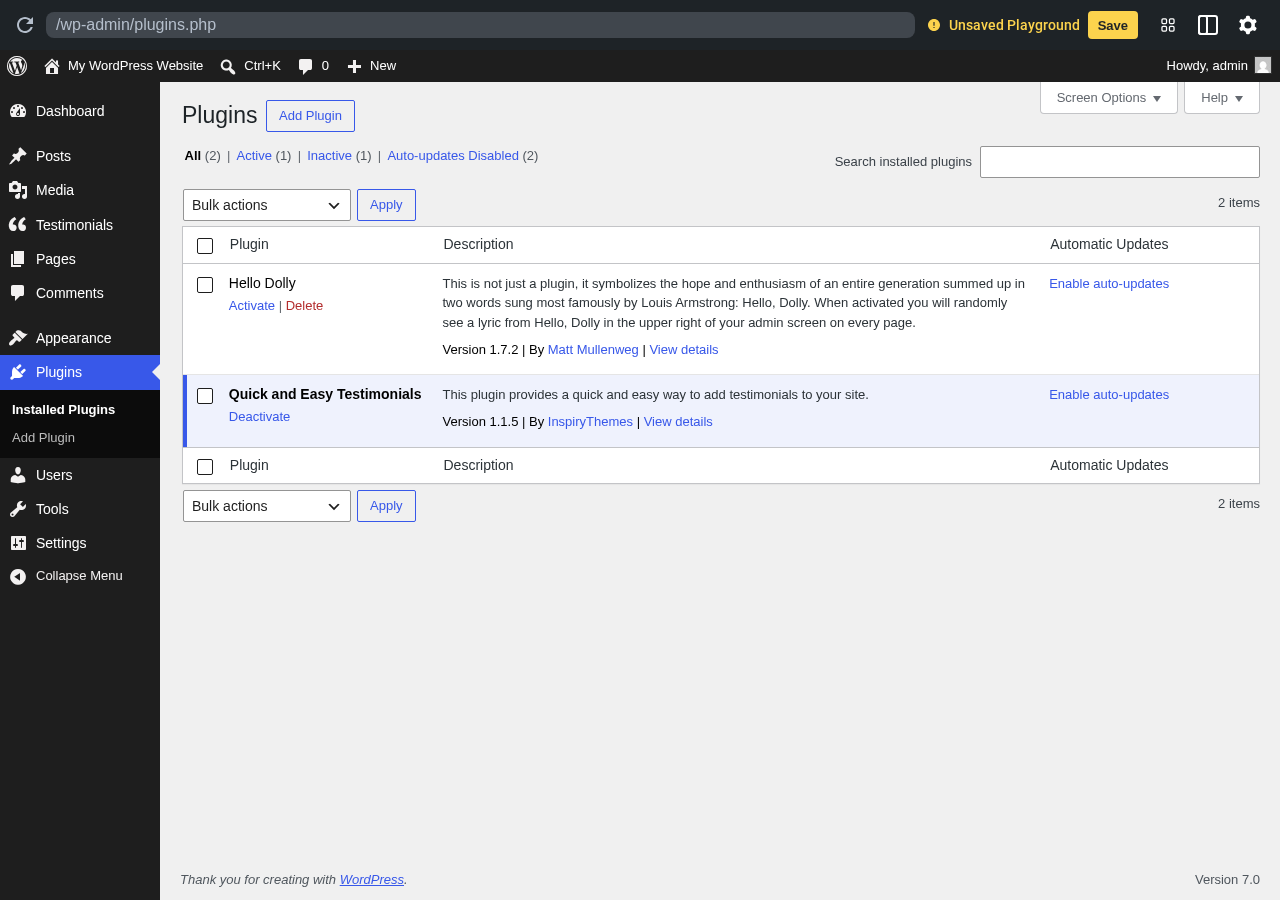 Quick and Easy Testimonials sandbox screenshot showing the plugin active in the plugins list with the Testimonials sidebar entry