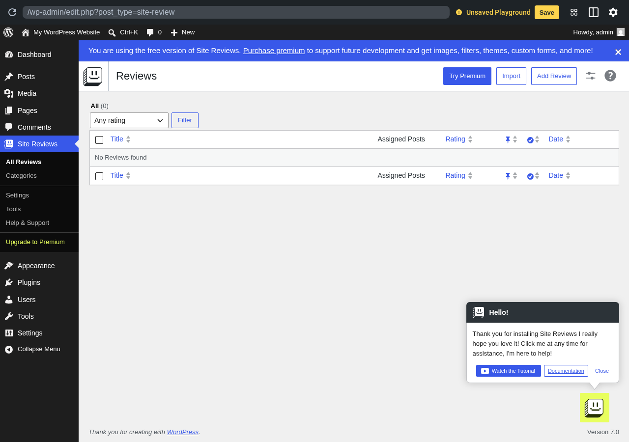 Site Reviews sandbox screenshot showing the Reviews admin screen with the Site Reviews menu, empty state, and Add Review button