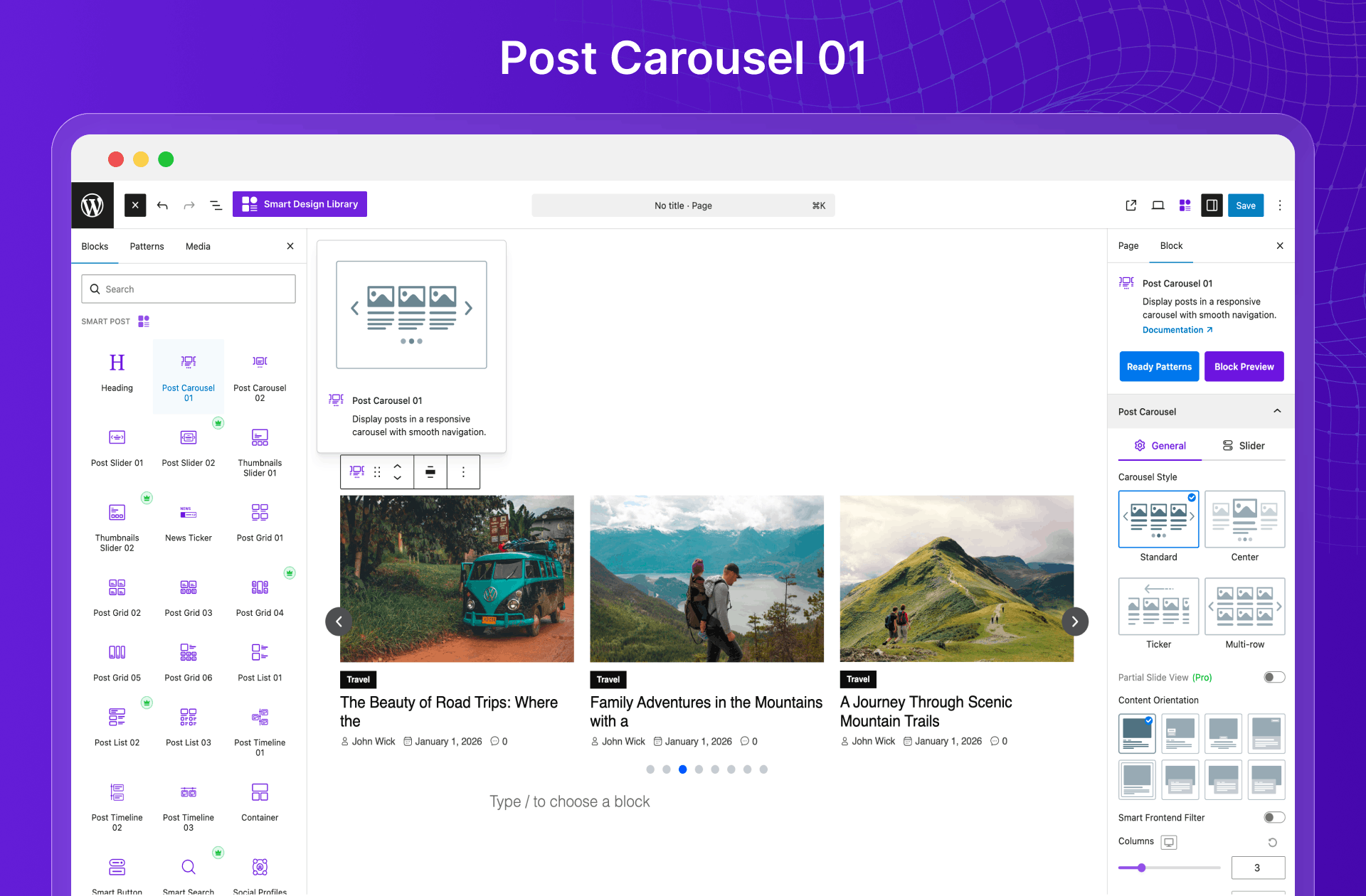 Smart Post Post Carousel block frontend example showing a horizontal post carousel with featured images, titles, and excerpts