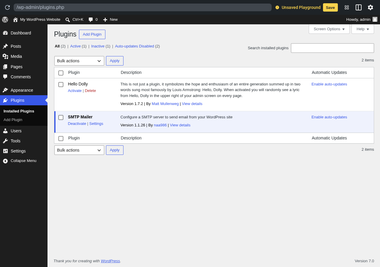 SMTP Mailer by naa986 active in a clean WordPress sandbox with the Settings shortcut visible