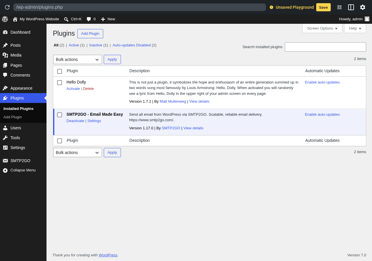 SMTP2GO official plugin installed and active in a clean WordPress sandbox