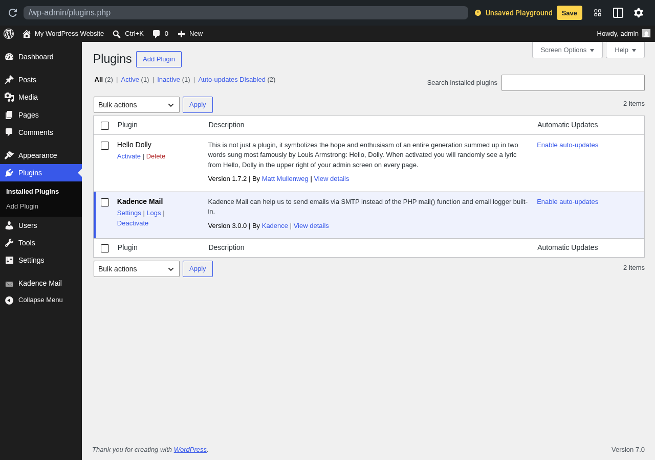 Solid Mail by SolidWP plugin installed in a clean WordPress sandbox showing the current Kadence Mail in-product brand