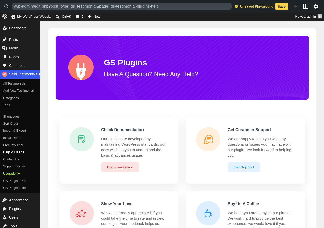 Solid Testimonials sandbox screenshot showing the GS Plugins help screen with documentation and support cards