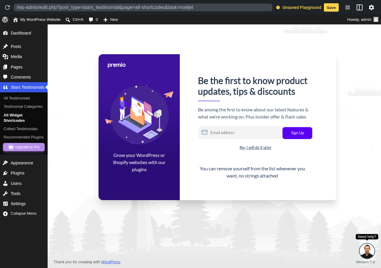 Stars Testimonials sandbox screenshot showing the All Widget Shortcodes screen with the Premio email signup overlay