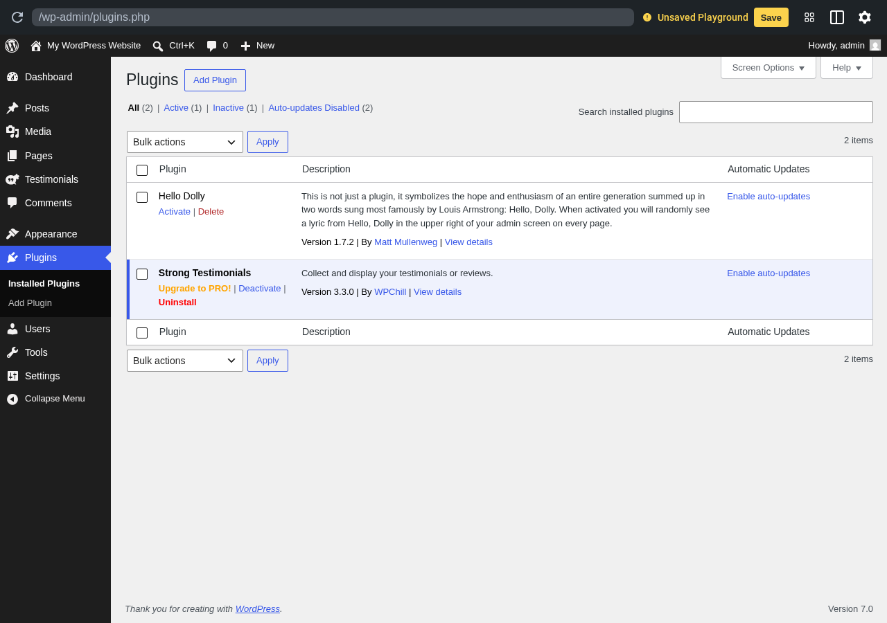 Strong Testimonials sandbox screenshot showing the plugin active in the WordPress plugins list with the Testimonials menu in the sidebar