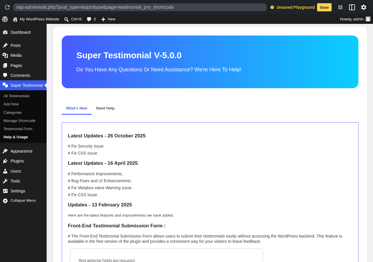 Super Testimonial sandbox screenshot showing the Help and Usage admin screen with Version 5.0.0 release notes