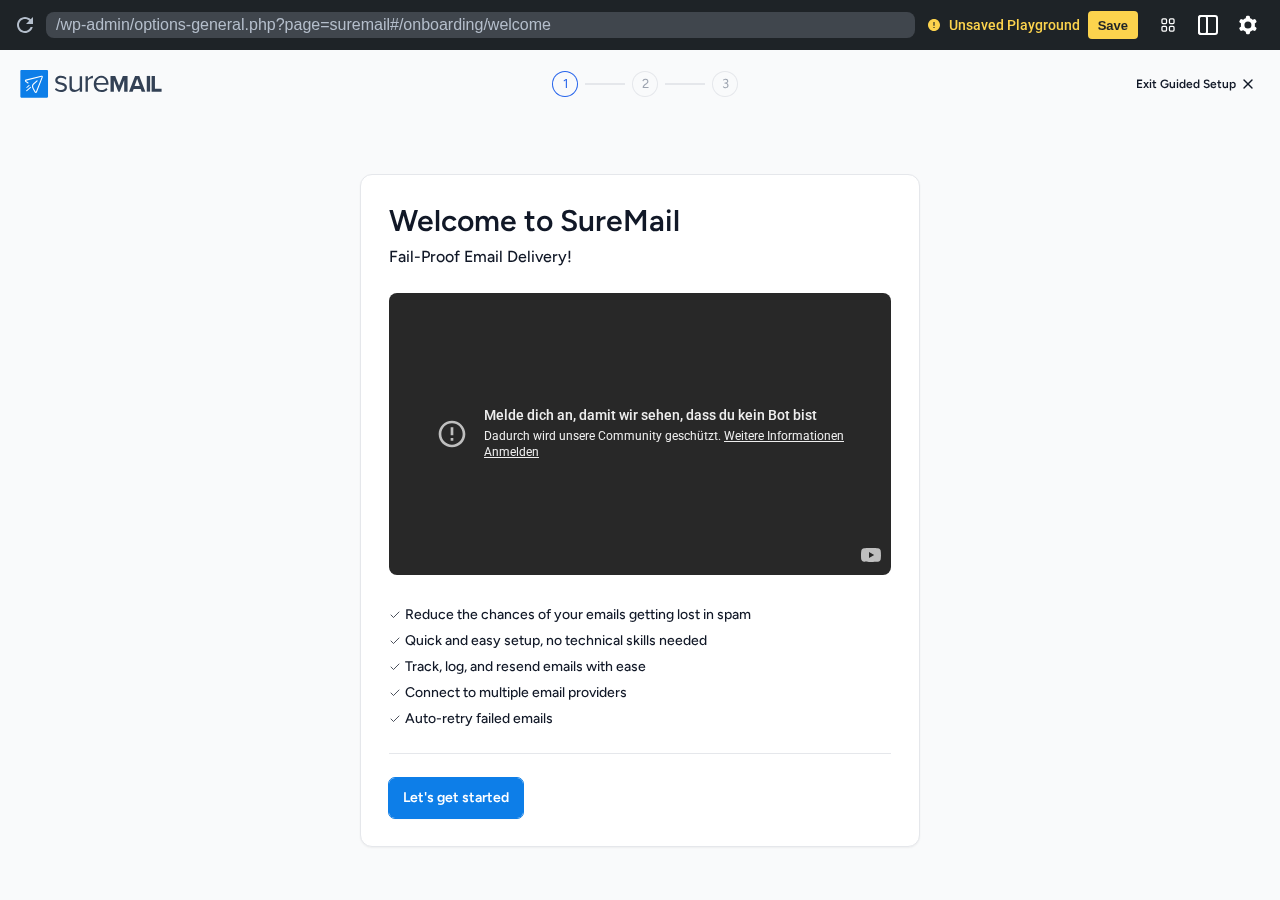 SureMail guided welcome screen during clean WordPress sandbox setup