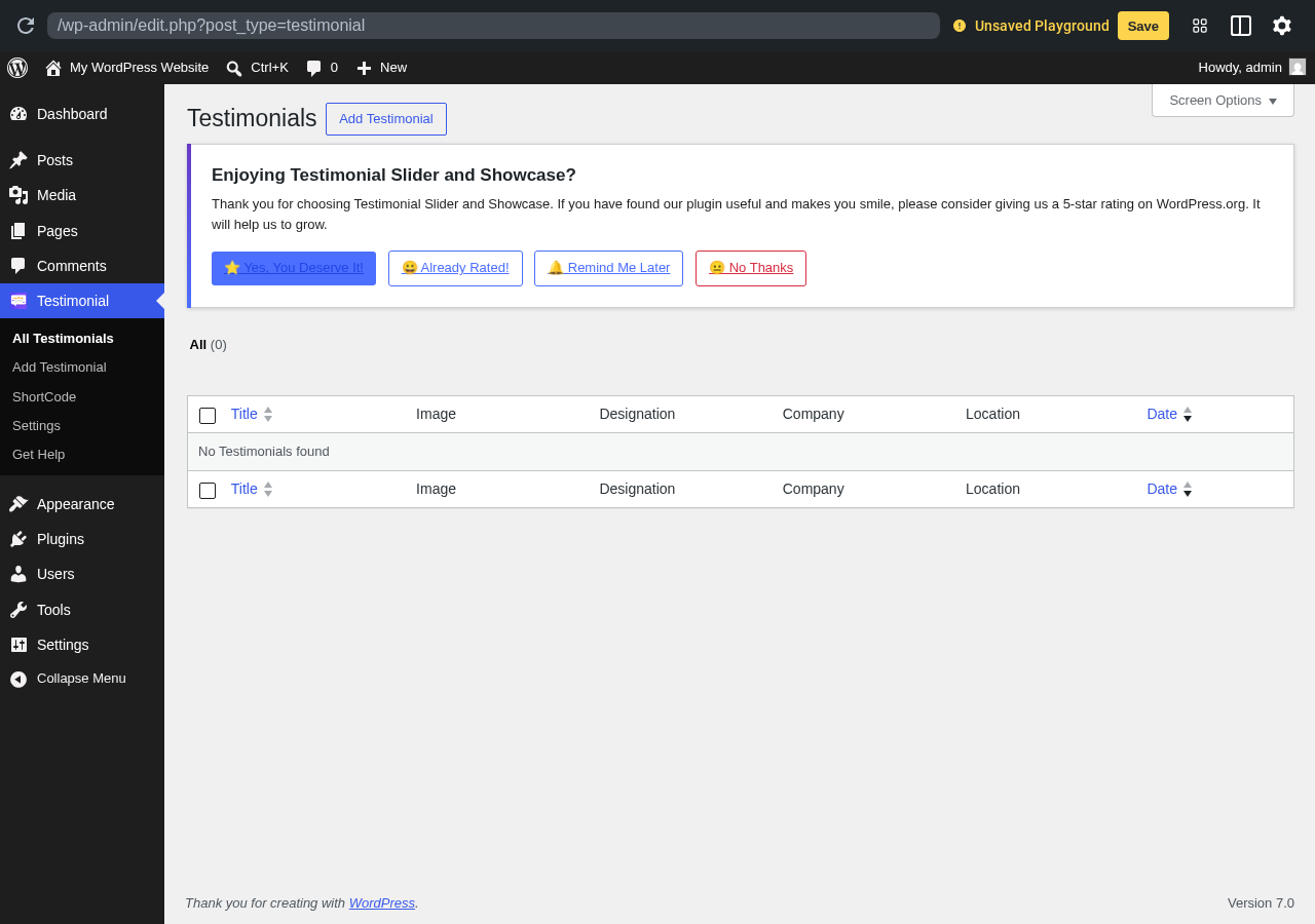 Testimonial Slider and Showcase sandbox screenshot showing the Testimonial admin menu and the All Testimonials empty state