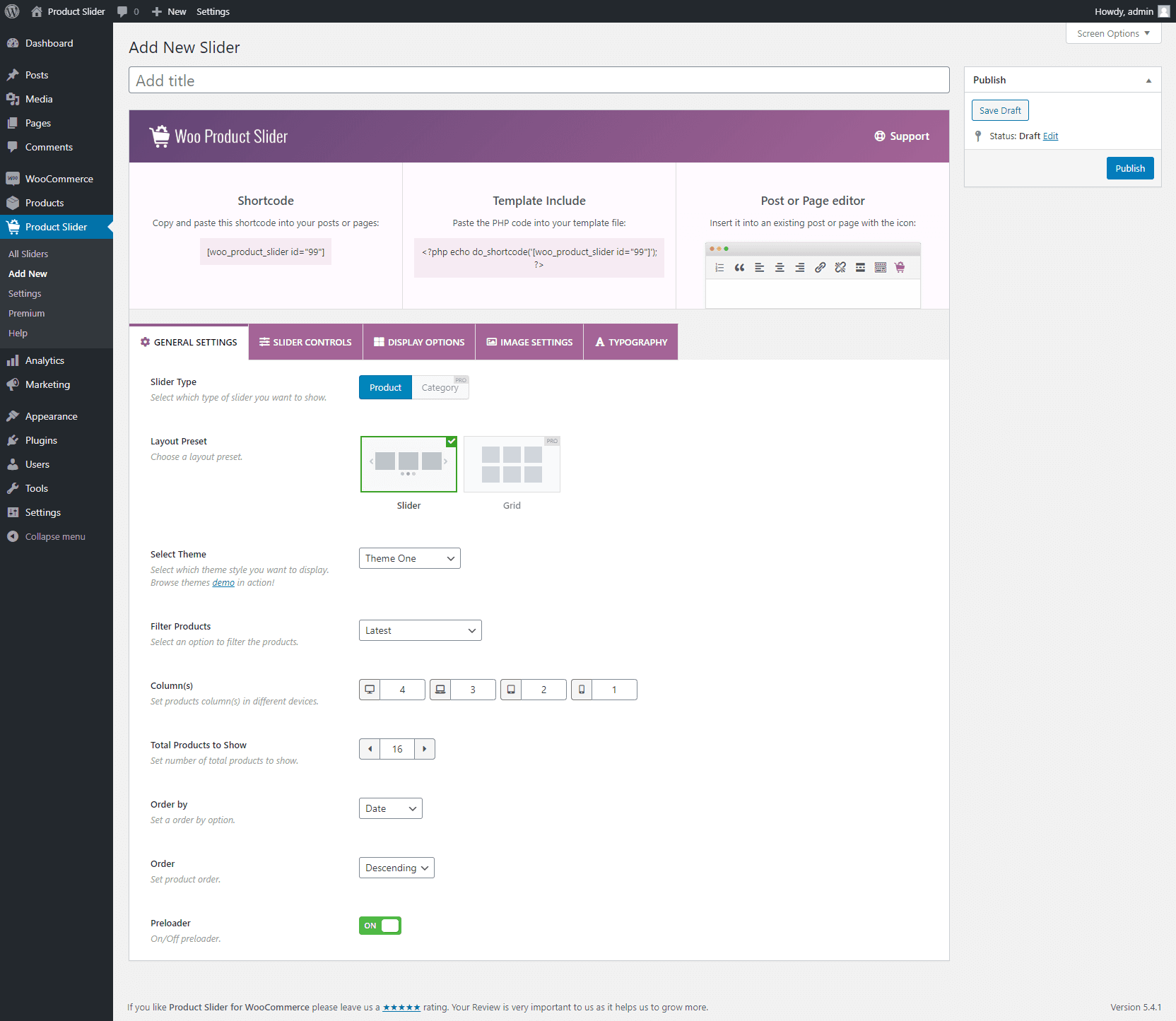 WooProduct Slider General Settings tab showing carousel autoplay, loop, pause on hover, and slides per row controls