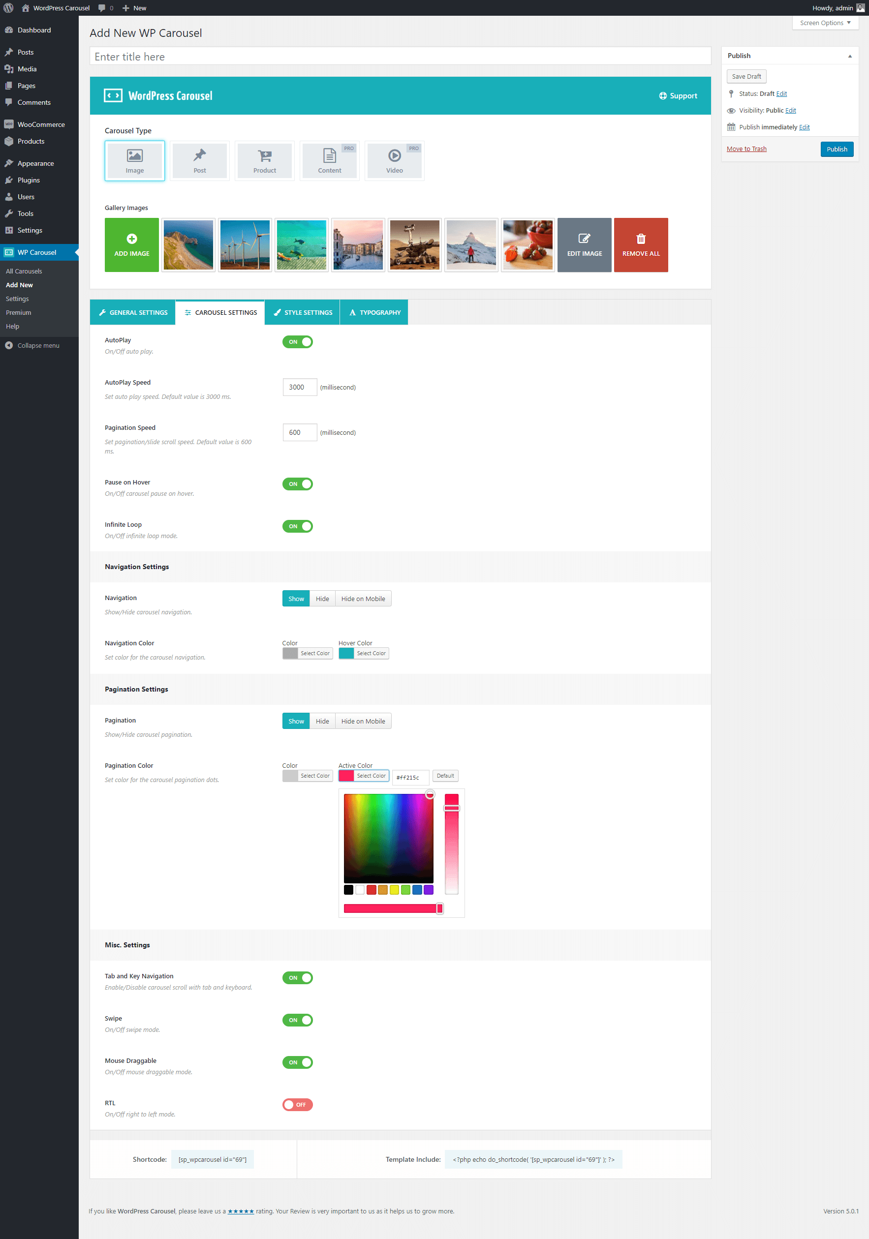 WP Carousel admin settings showing carousel type selector with Image, Post, Product, Content, and Video tabs