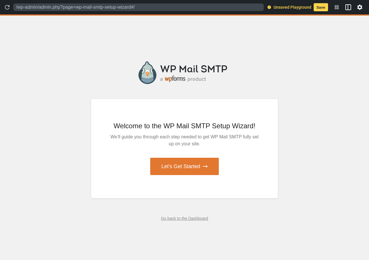 WP Mail SMTP setup wizard welcome screen in a clean WordPress sandbox