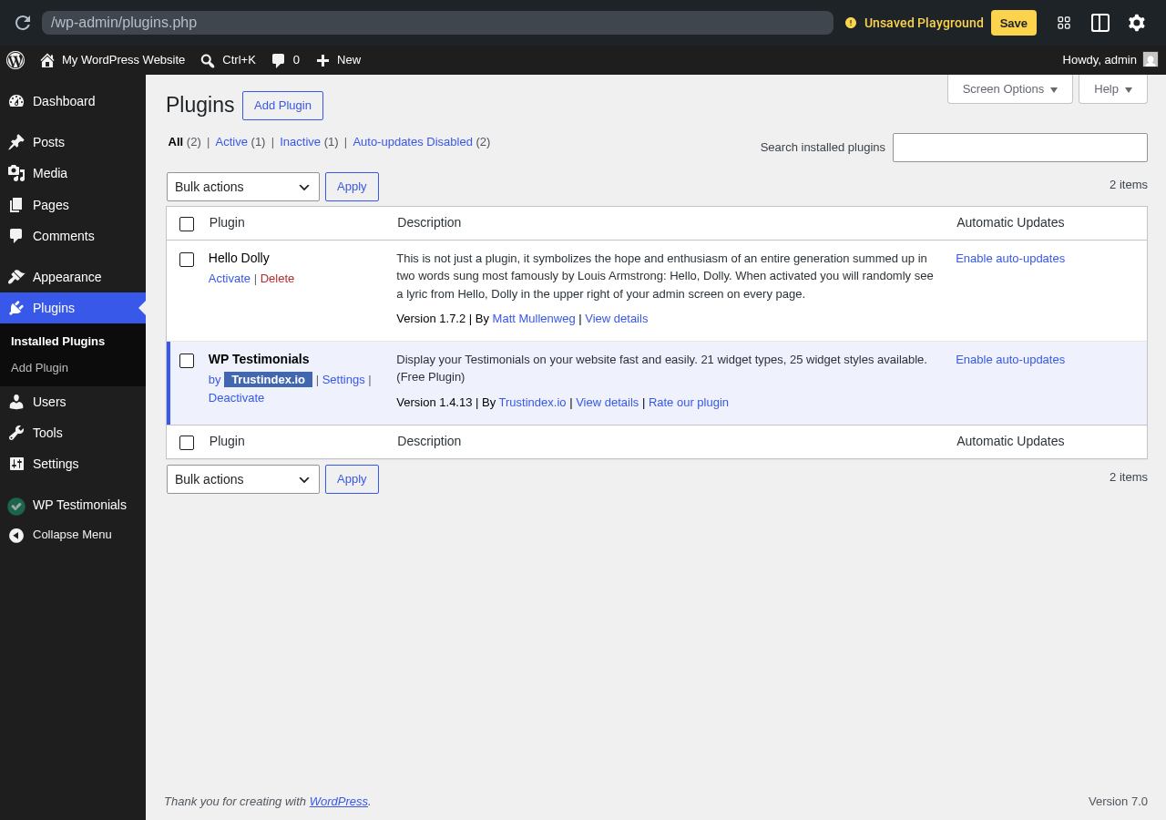 WP Testimonials by Trustindex sandbox screenshot showing the plugin active and a WP Testimonials sidebar menu