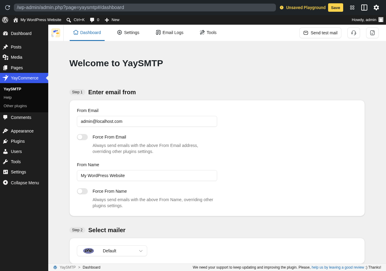 YaySMTP single-page settings dashboard with step-numbered setup in a clean WordPress sandbox