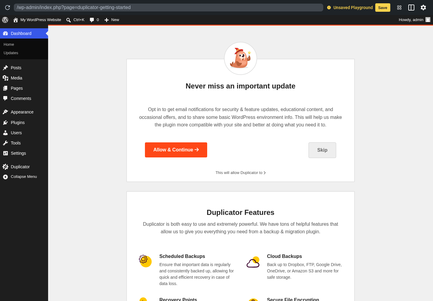 Duplicator Packages screen in a clean WordPress sandbox