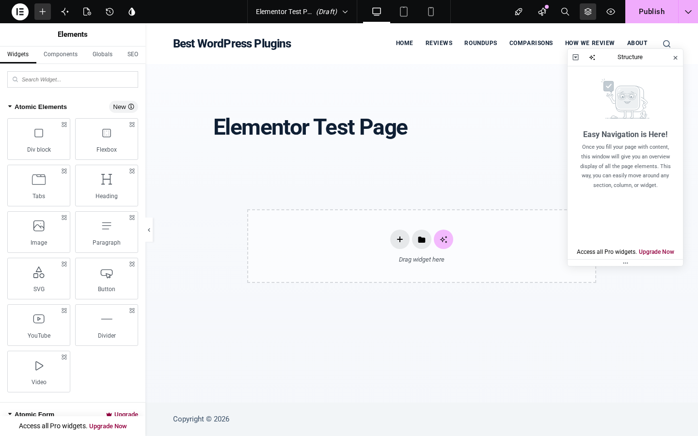 Elementor Atomic Editor interface showing the Elements panel on the left with Atomic Elements including Div block, Flexbox, Tabs, Heading, Image, Paragraph, SVG, Button, YouTube, Divider and Video widgets; the canvas in the center showing a blank page with Drag widget here placeholder and three add-element buttons; the Structure panel on the right; and the Atomic Form section below the widget list showing an Upgrade badge indicating a Pro-only widget.