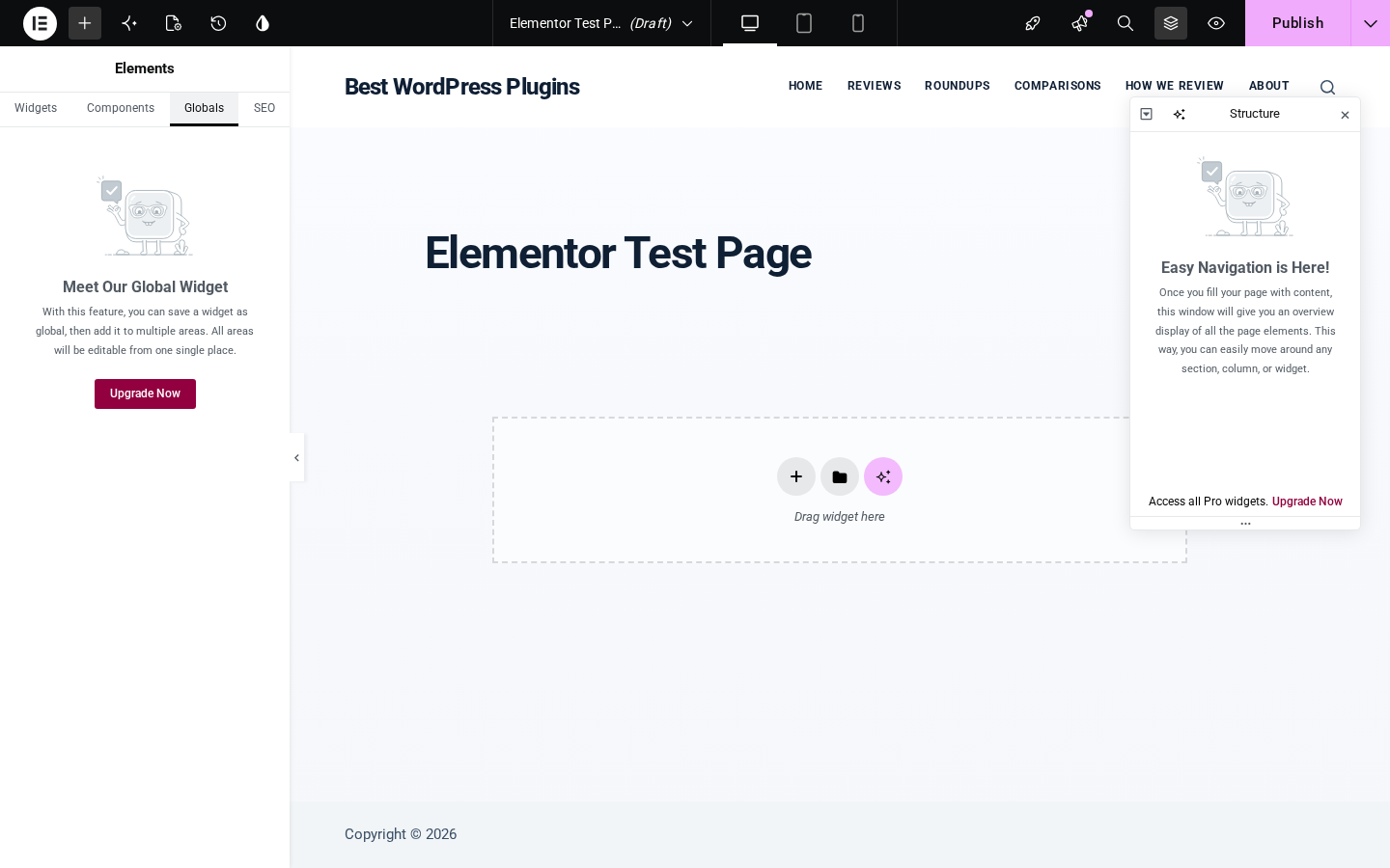 Elementor Globals tab in the editor panel showing the Meet Our Global Widget screen, which describes saving a widget globally and using it across multiple areas, with an Upgrade Now button below it, confirming Global Widgets is a Pro-only feature.