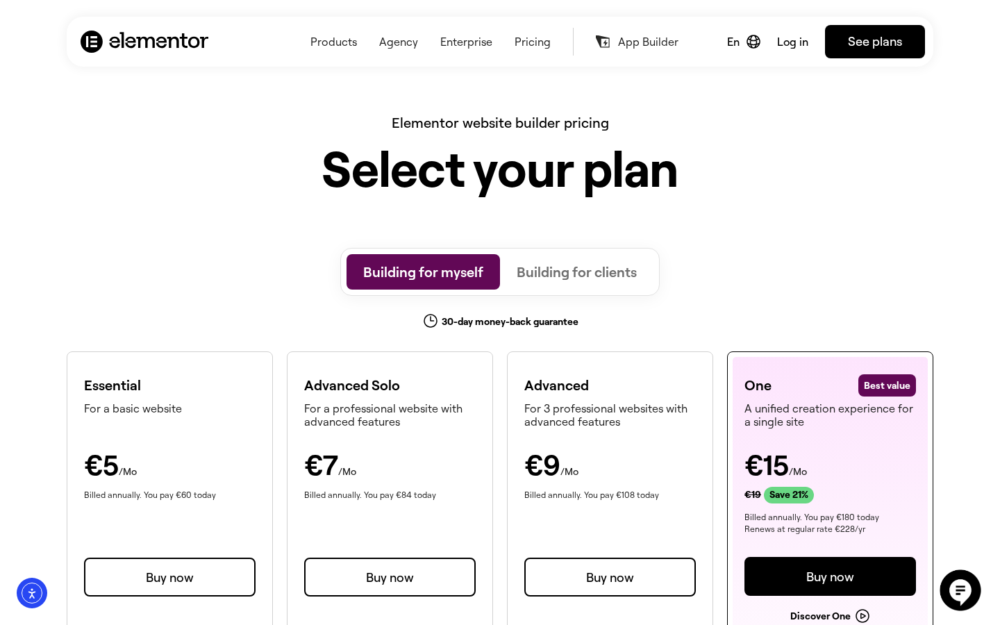 Elementor pricing page showing four plans side by side: Essential at the lowest price, Advanced Solo, Advanced for three sites, and One marked Best value, with a 30-day money-back guarantee badge and building-for-myself and building-for-clients toggles visible at the top.