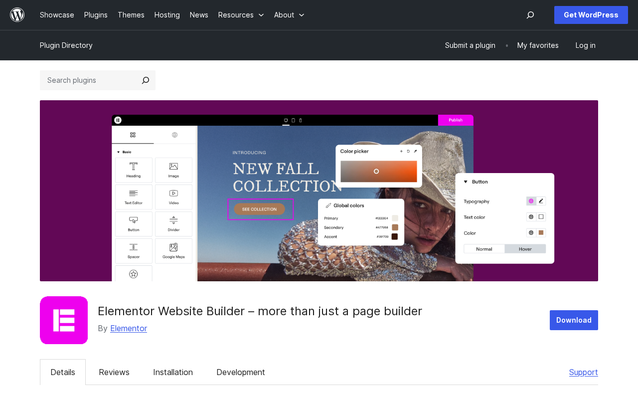 Elementor WordPress.org plugin listing showing the plugin banner with the page builder interface, the Elementor Website Builder name, the By Elementor attribution, and the Download button.